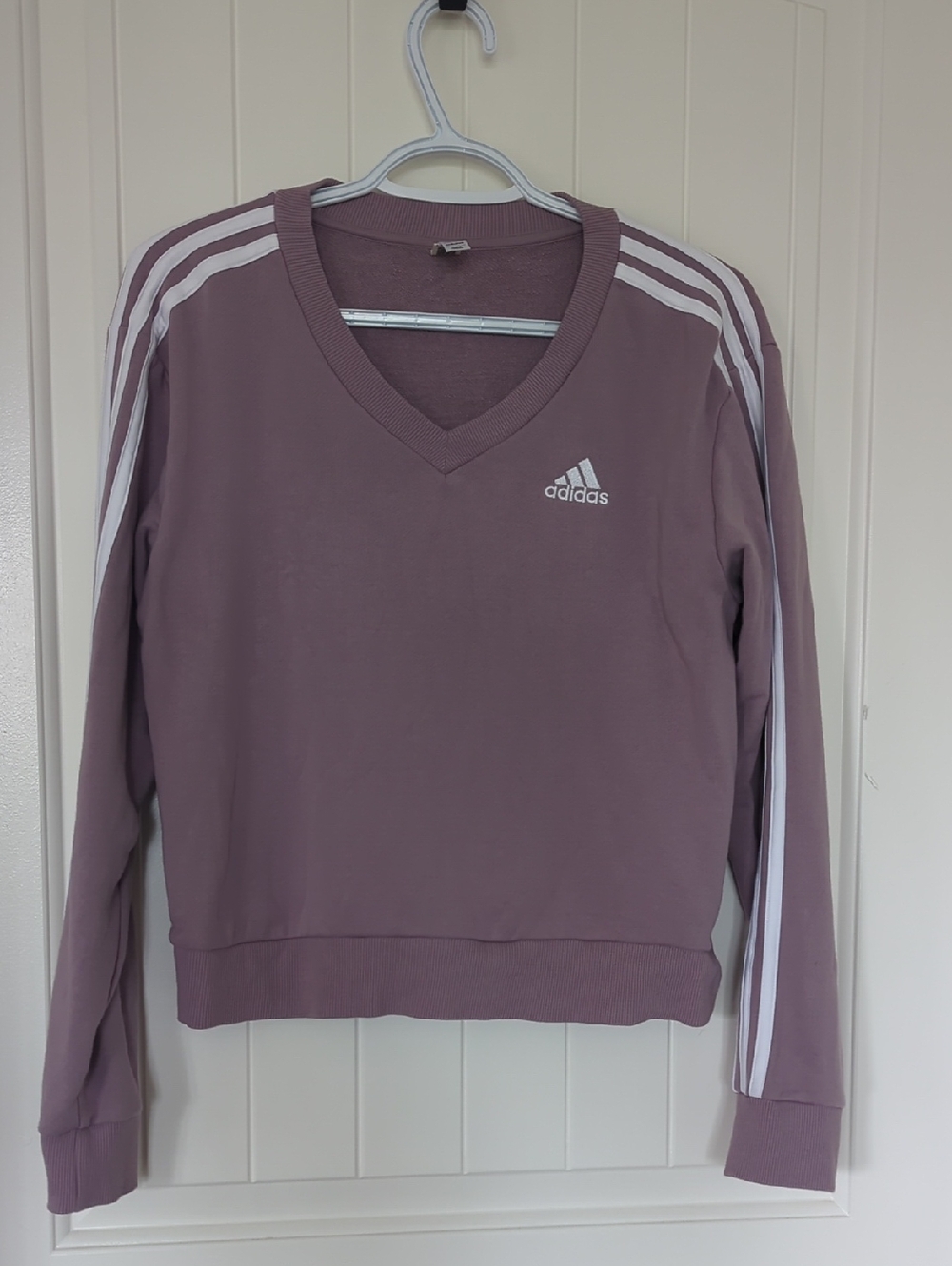 adidas Women's V-Neck Sweatshirt in Mauve with White Stripes